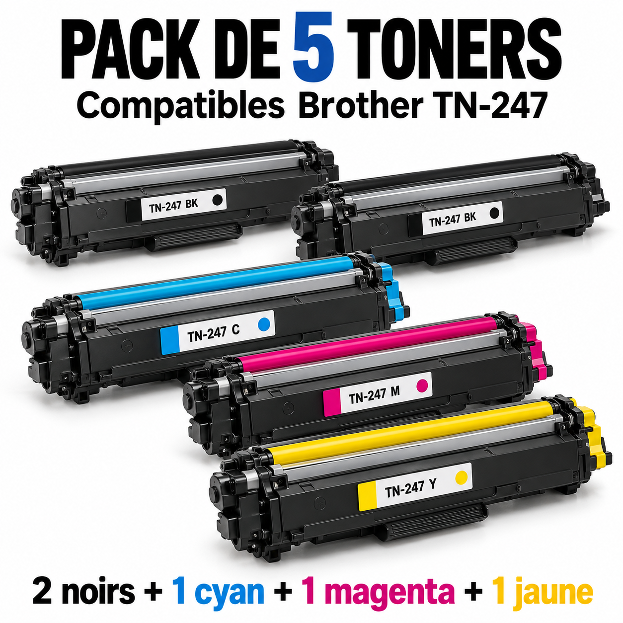 Pack de 5 toners compatibles Brother TN-247 avec 2 noirs, 1 cyan, 1 magenta et 1 jaune.