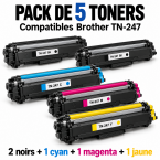 Pack de 5 toners compatibles Brother TN-247 avec 2 noirs, 1 cyan, 1 magenta et 1 jaune.